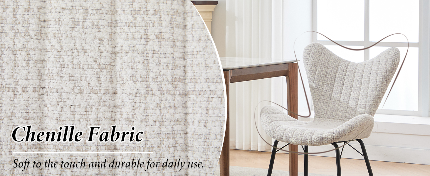 Text reads 'Chenille Fabric'. Modern light-colored armchair in a bright interior setting with natural lighting and white walls.