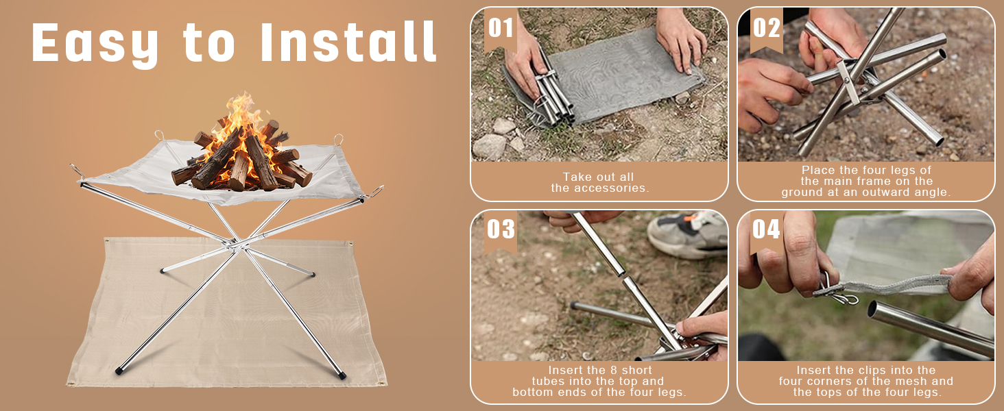 Le texte indique « Facile à installer ». Foyer pliable avec structure métallique à pieds croisés. La gauche montre une fosse assemblée contenant des flammes, la droite montre quatre étapes d'installation sur une surface de sable.