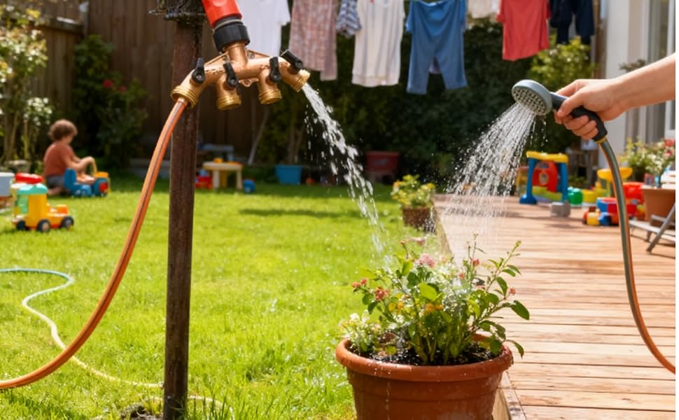 Le texte indique « Image 4 ». Vues multiples de l'aménagement du jardin extérieur montrant un chemin de terrasse en bois avec des plantes en pot et un système d'arrosage en action sur une pelouse verte.