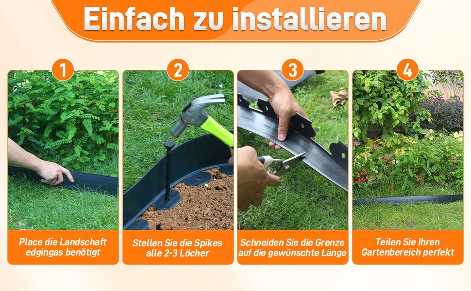 Der Text lautet 'Einfach zu installieren'. Vierteilige Installationsanleitung, die den schrittweisen Prozess der Installation eines Gartengeräts zeigt, nummeriert von 1 bis 4, und die richtige Reihenfolge der Einrichtung veranschaulicht.