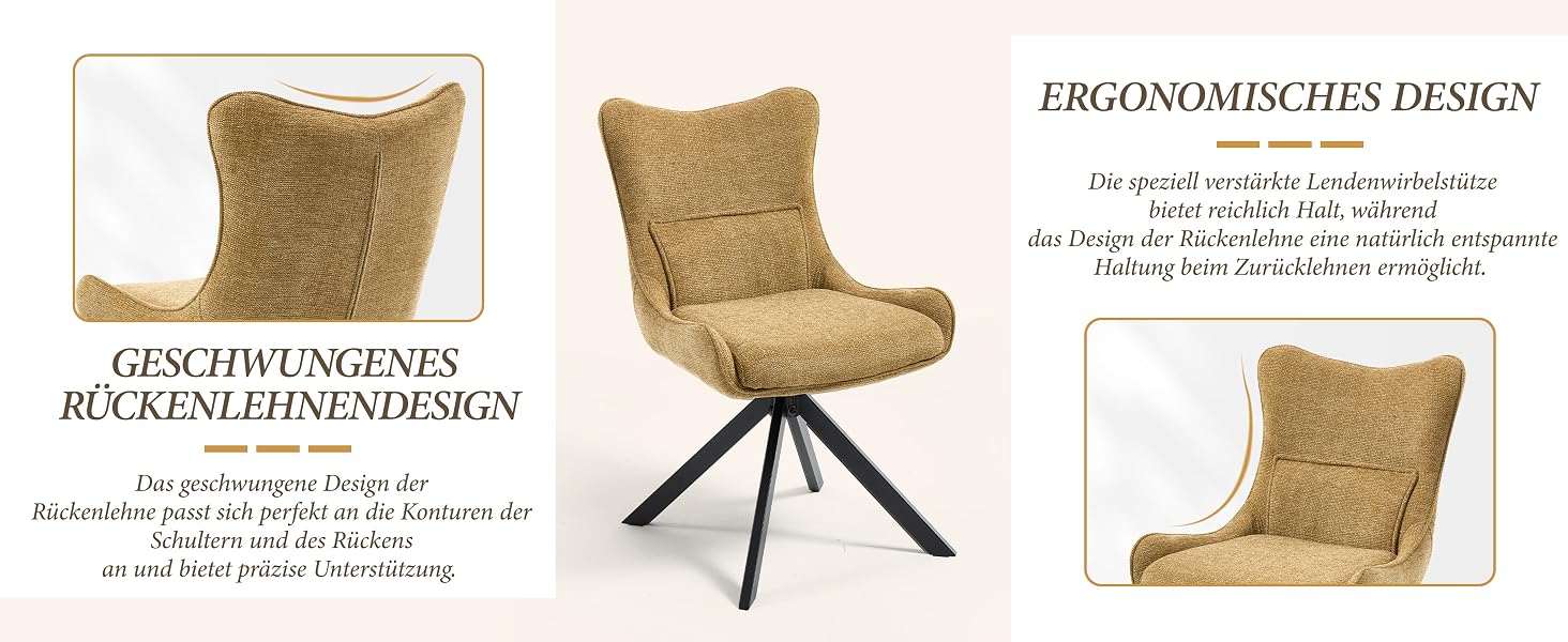 Der Text lautet „ERGONOMISCHES DESIGN“, „RÜCKENLEHNENDESIGN“. Mehrere Ansichten eines goldfarben/senffarbenen Akzentstuhls mit geschwungener Rückenlehne und schwarzem Sterngestell aus Metall.
