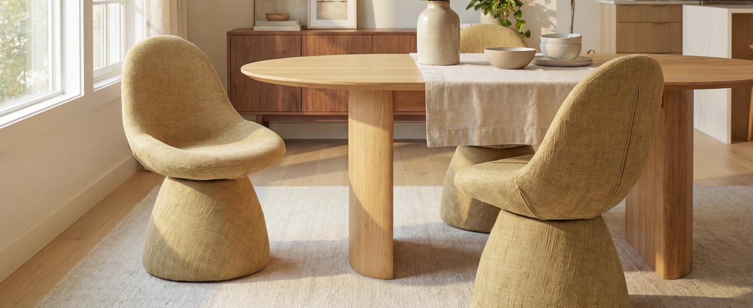 Text reads 'Image 1'. Modern dining setup with two textured beige mushroom-shaped chairs and wooden table near window. Chairs feature distinctive rounded tops and narrow bases.