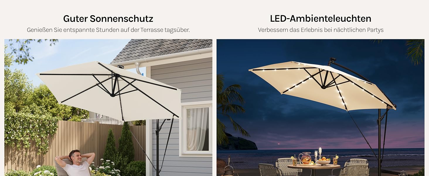 Der Text lautet „Guter Sonnenschutz“ und „LED-Ambientebeleuchtung“. Mehrere Bilder eines großen Sonnenschirms für die Außenterrasse werden bei Tageslicht gezeigt und nachts beleuchtet.
