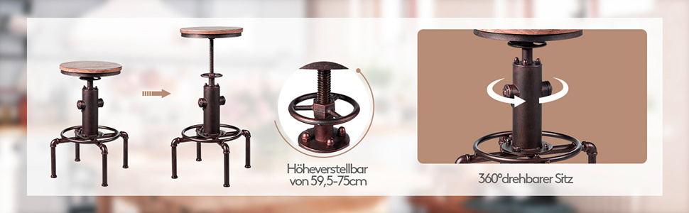 verstellbarer Barhocker, höhenverstellbarer Barhocker, Barhocker mit Holzsitz