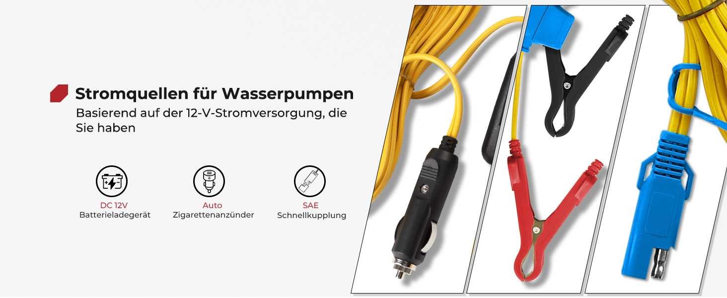 Fahrzeug-Netzadapterset mit Batterieklemmen und Zigarettenanzünderstecker, mit blauen, roten und gelben Kabeln für den Anschluss der Wasserpumpe.