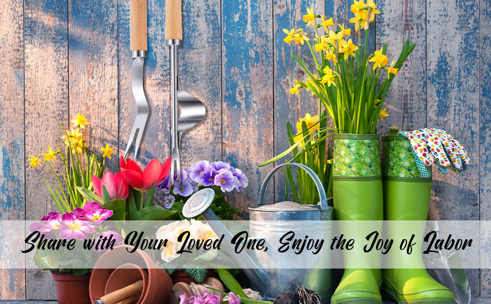 Garden tools and colorful flowers arranged on weathered blue wood. Green rubber boots, metal watering can, hand trowel, and potted daffodils create a spring gardening scene.