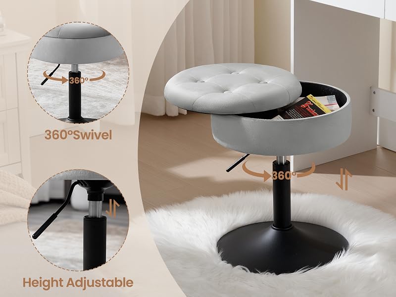 Multifunctional stool with gray upholstered seat, 360-degree swivel, height adjustment, and hidden storage compartment. Displayed on a furry white rug.