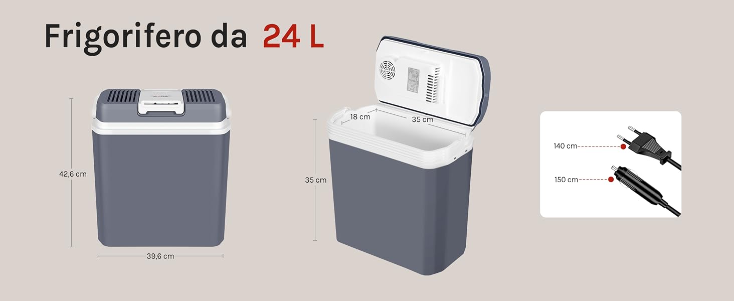 Il testo recita: 'Frigorifero da 24 L'. Raffreddatore portatile mostrato in colore blu/grigio con schema del prodotto che mostra le caratteristiche interne e della maniglia.