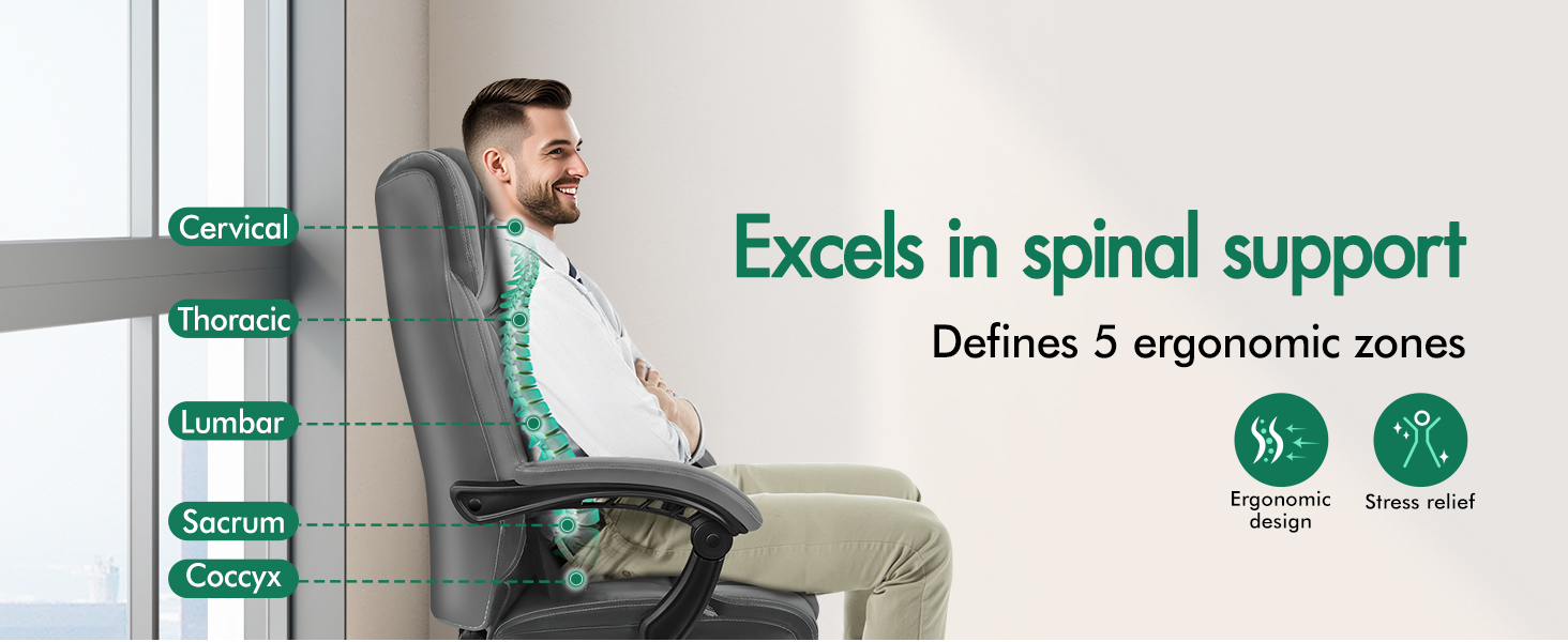 Text reads 'Excels in spinal support'. Silver-colored door closer or hydraulic arm mechanism shown from different angles.