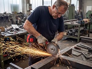 Travailleur dans un environnement de fabrication utilisant une meuleuse d'angle sur du métal, créant des étincelles brillantes. Sujet portant un équipement de sécurité et des vêtements foncés dans un espace de travail industriel.