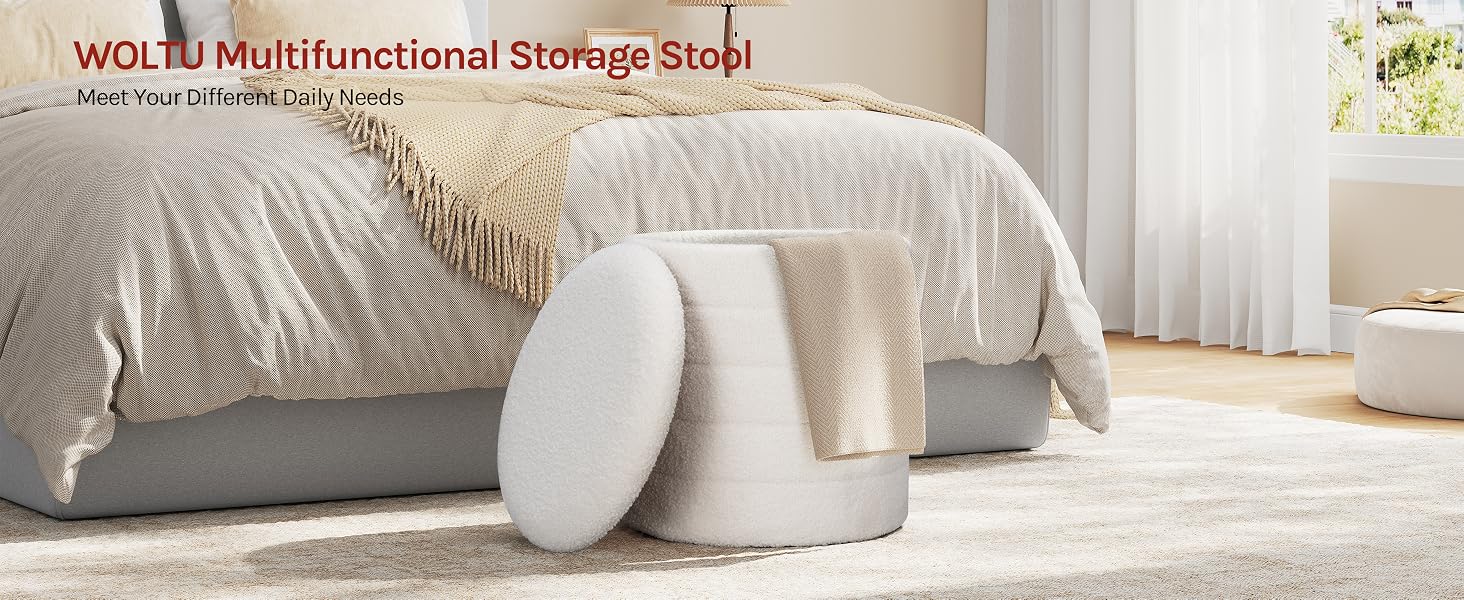 Text reads: 'Soft Multi-functional Storage Bags'. Image shows white fabric storage organizers or pouches displayed on a bed with white bedding and pillows in a bright bedroom.