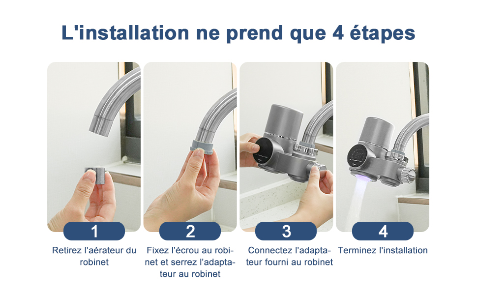 Processus d'installation en quatre étapes pour un aérateur de robinet, montrant les mouvements de la main entre le retrait de l'ancien aérateur et la fixation du nouveau. Instructions en français.