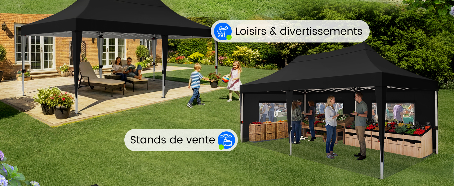 Le texte se lit comme suit : « Loisirs et divertissements ». Grande photo de paysage montrant une cour arrière avec piscine, terrasse et pelouse bien entretenue entourée d'arbres.