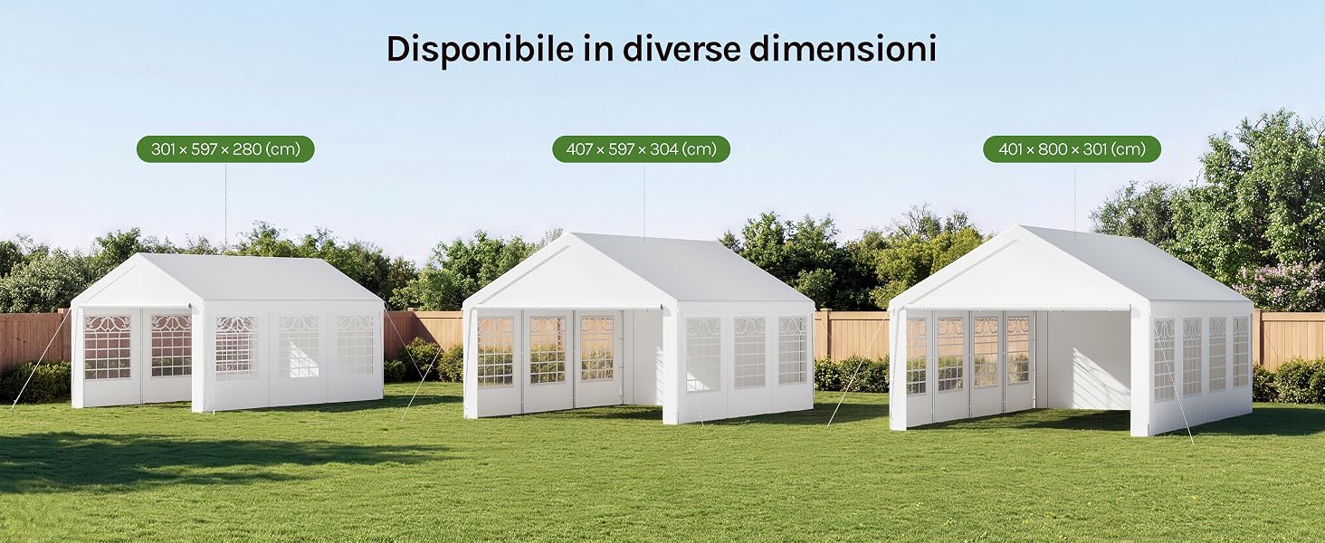 Il testo dice «Disponibile in diverse dimensioni». Fila di quattro tende glamping a cupola bianche di dimensioni crescenti esposte all'aperto su erba con sfondo verde paesaggistico.