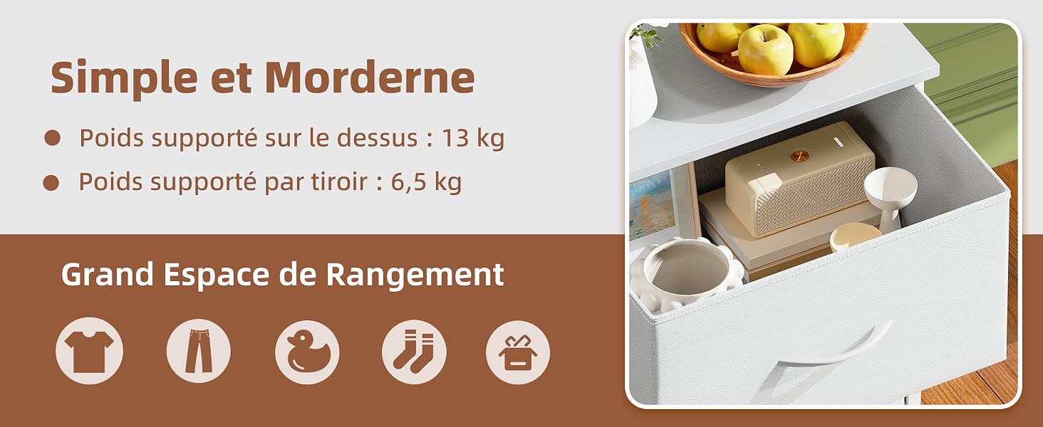 Le texte indique « Simple et Moderne », « Grand Espace de Rangement », « Poids supporté sur le dessus : 13 kg », « Poids supporté par tiroir : 6,5 kg ». Spécifications des produits de mobilier de rangement.