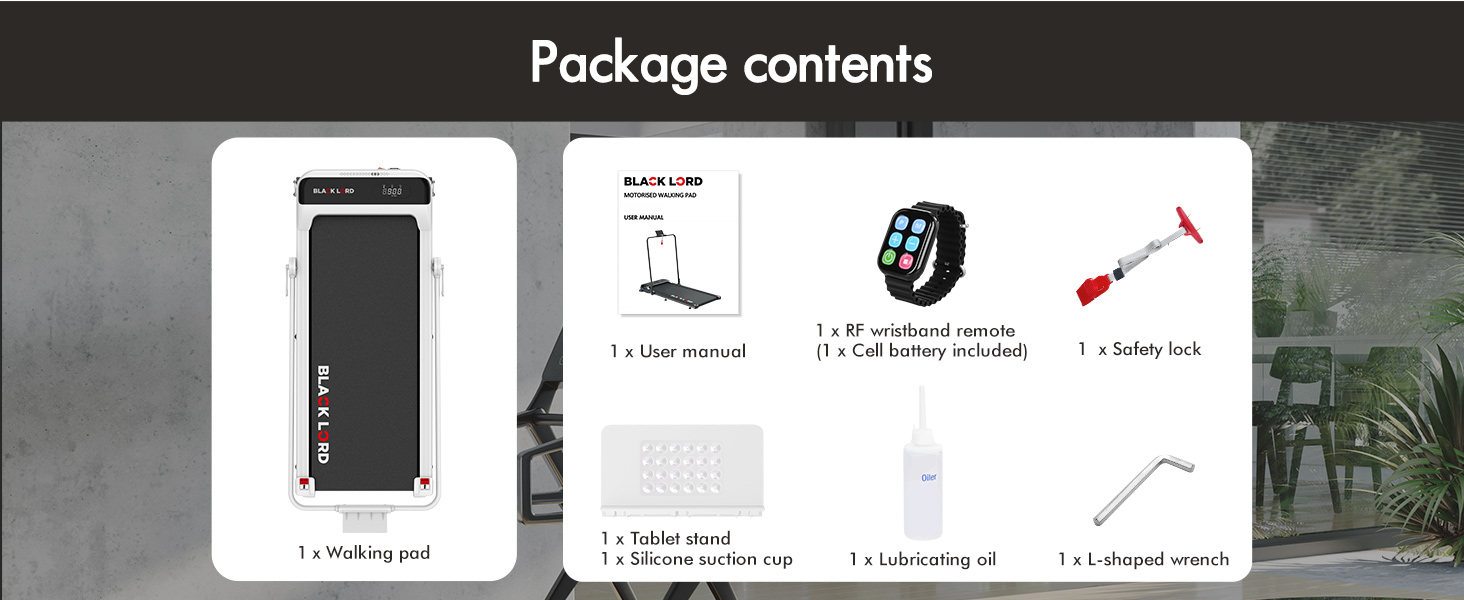 Package contents layout showing exercise equipment components including mat, monitor, tools, and assembly accessories with labeled illustrations.