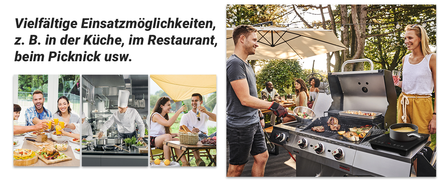 Großer Gasgrill im Freien, der zum Kochen verwendet wird, mit mehreren Lifestyle-Bildern, die Speiseszenarien in Küche, Restaurant und Außenbereich zeigen.