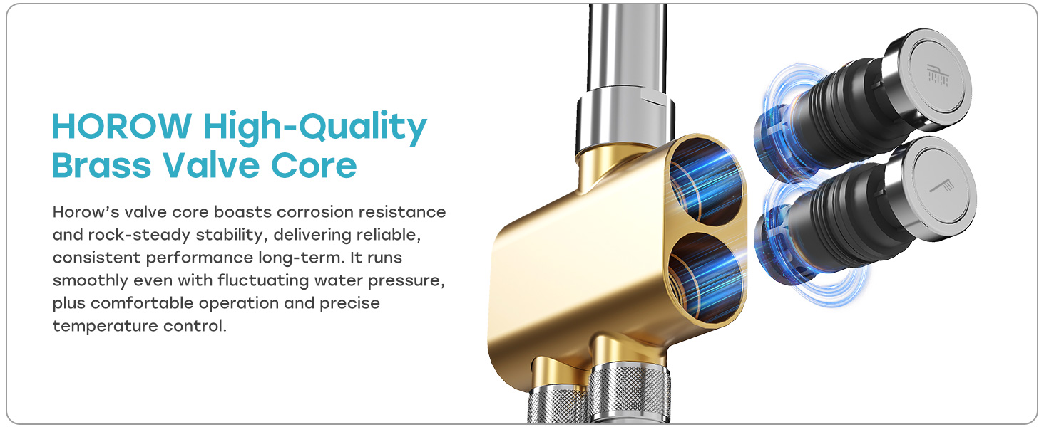 Text reads 'HOROW High-Quality' and 'Brass Valve Core'. Technical diagram showing blue and silver valve components with detailed specifications.