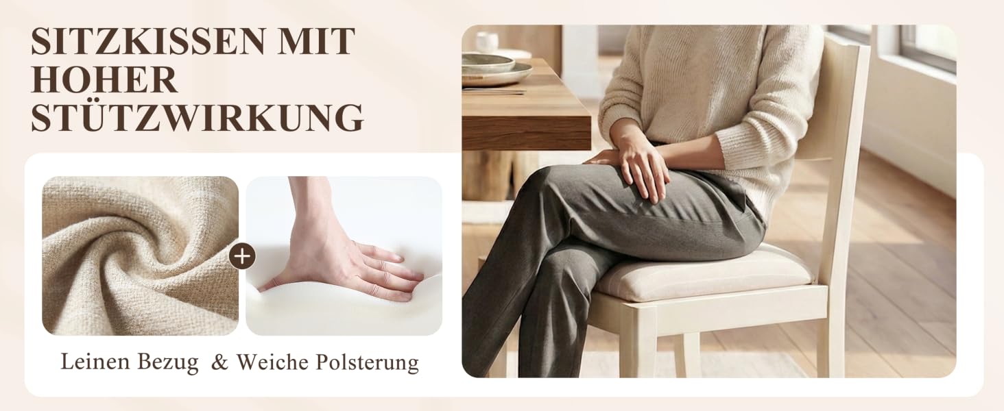 Auf dem Text steht „SITZKISSEN MIT HÖHERER STÜTZWIRKUNG“; abgebildetes Stoffkissenprodukt mit Strukturdetails und Lifestyle-Platzierung auf dem Stuhl.