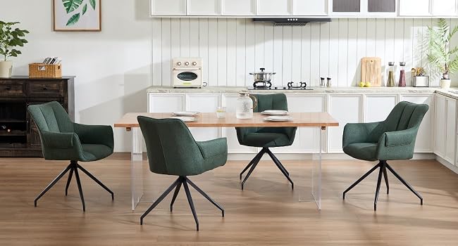 Comedor moderno con sillas tapizadas en gris con patas de metal negro y mesas de comedor redondas. Vistas múltiples de la misma disposición de muebles.