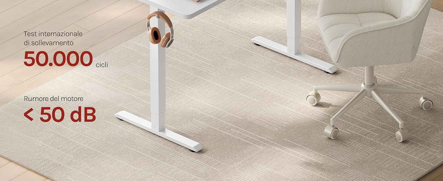 Il testo indica «50.000+» e «< 50 dB». Supporto bianco esposto su un tappeto chiaro con indicatori di misurazione visibili.
