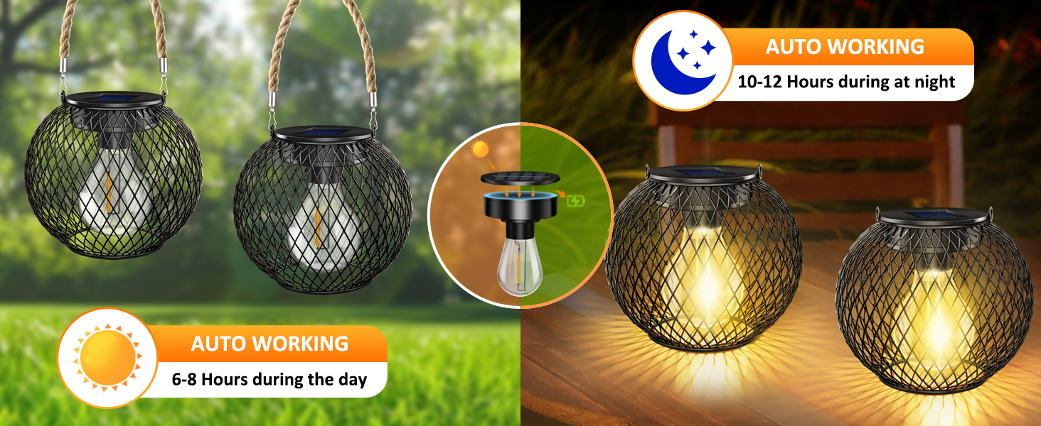 Text reads 'Image 3'. Multiple product photos showing outdoor solar lanterns glowing at dusk, featuring mesh design patterns and garden placement.