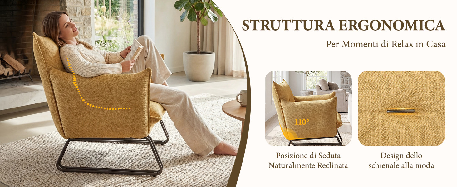 Il testo recita «STRUTTURA ERGONOMICA» e «di Maurizio di Sain et Co.» Sedia moderna con accenti marroni/beige mostrata dagli angoli anteriore e laterale con struttura geometrica.