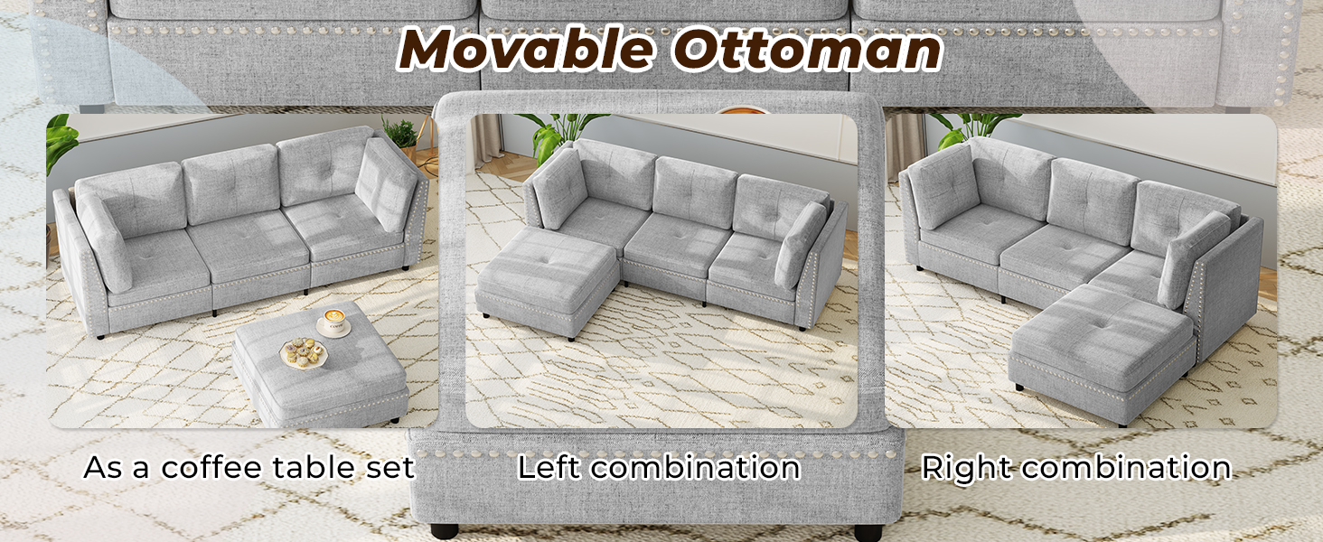 Text reads 'Movable Ottoman'. Three views of gray sectional sofa showing different configurations: coffee table set, L-shape combination, and right combination.