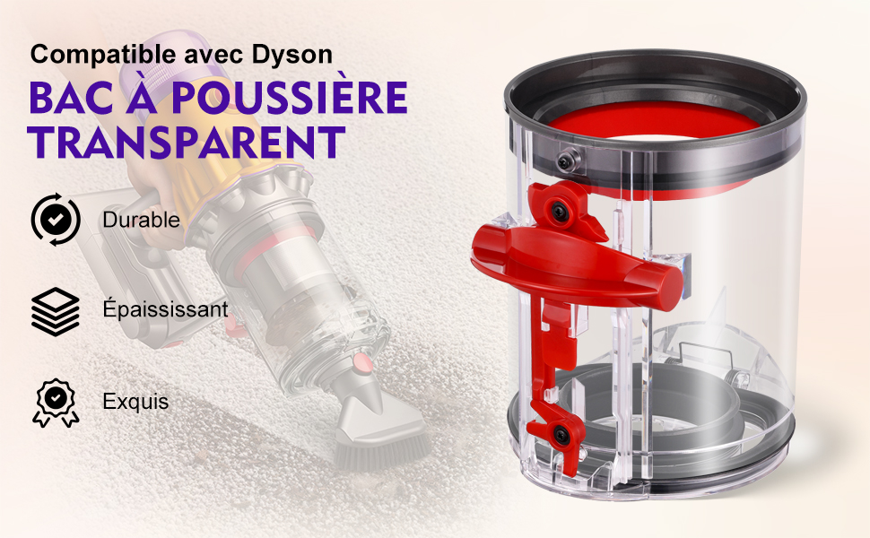 Kompatibel mit Dyson Staubsaugern. Zylindrischer Behälter mit roten Akzenten, transparentem Korpus und Metallfuß. Zu den wichtigsten Stärken des Produkts gehören Langlebigkeit, Wandstärke und präzise Verarbeitung.