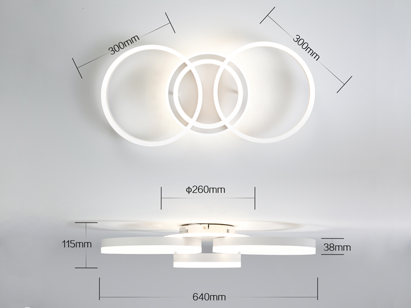 Technisches Diagramm der Leuchte mit überlappenden Ringen mit den Maßen 300 mm, 200 mm, 645 mm. Anmerkungen mit den Abmessungen verschiedener Teile.