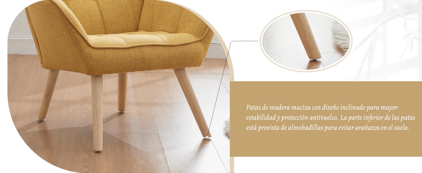Sillón moderno de tela amarillo mostaza con patas de madera anguladas, que se muestra sobre un fondo blanco con panel de texto.