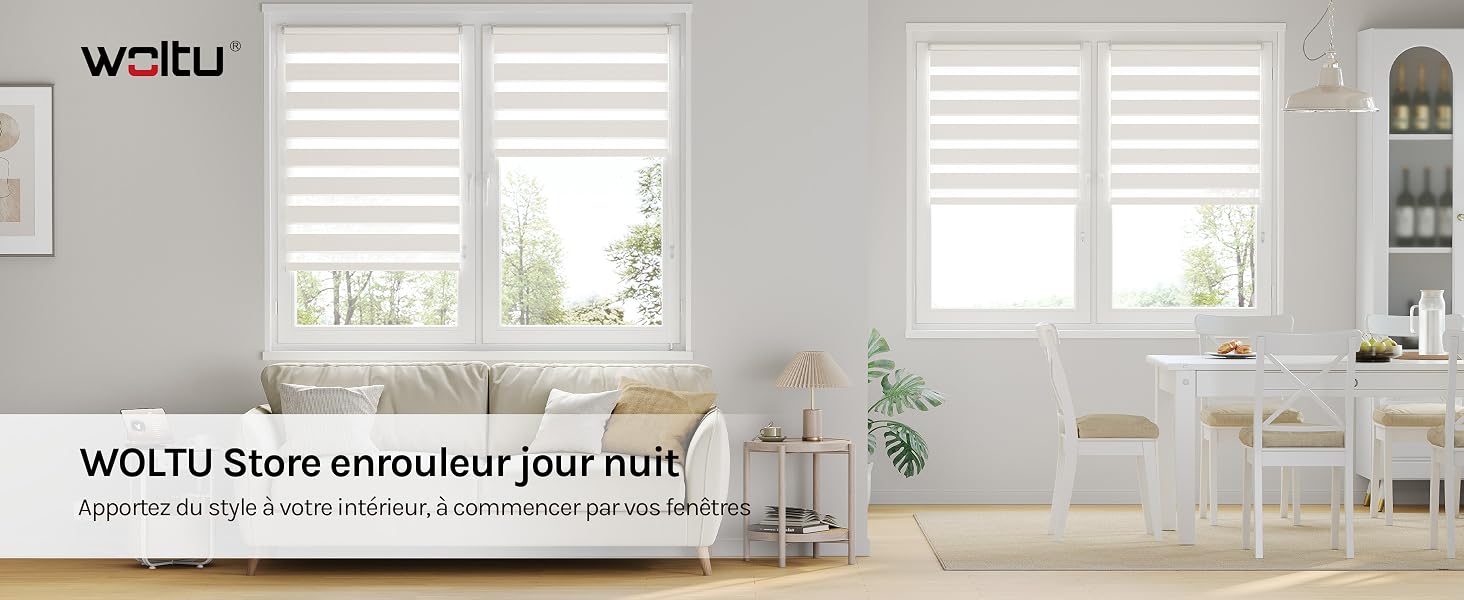 Le texte indique « weltu » et « WOLTU Store emmeuler rour RUH ». Intérieur de la chambre minimaliste et lumineux avec des murs blancs, des fenêtres, des étagères et des meubles de maison modernes visibles.