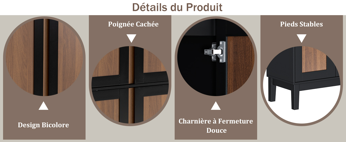Le texte indique « Détails du produit ». Série d'images circulaires montrant des détails rapprochés des composants et des mécanismes d'assemblage des meubles.