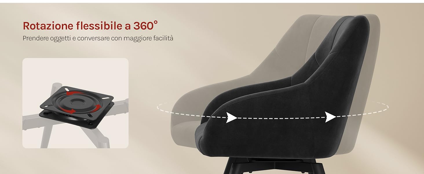 Il testo recita «Rotazione Flessibile a 360°», «Percorso rigido e robusto in svariati modi». Sedia moderna nera raffigurata con frecce indicatrici di rotazione, che dimostrano la capacità di rotazione flessibile a 360 gradi con telecomando visibile.