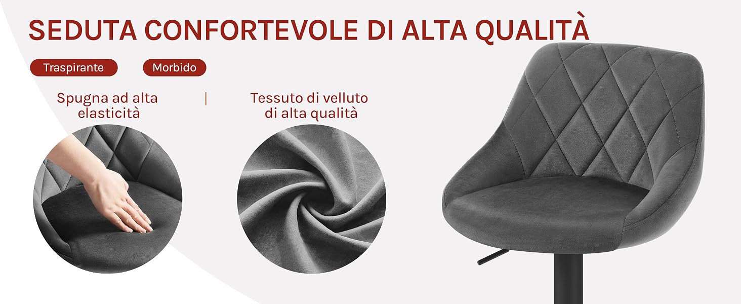Sedia girevole imbottita grigia con schienale con motivo a rombi. Presenta un rivestimento in velluto di alta qualità e un'imbottitura in schiuma ad alta densità per il massimo comfort. Due inserti circolari mostrano la trama del tessuto e la compressione