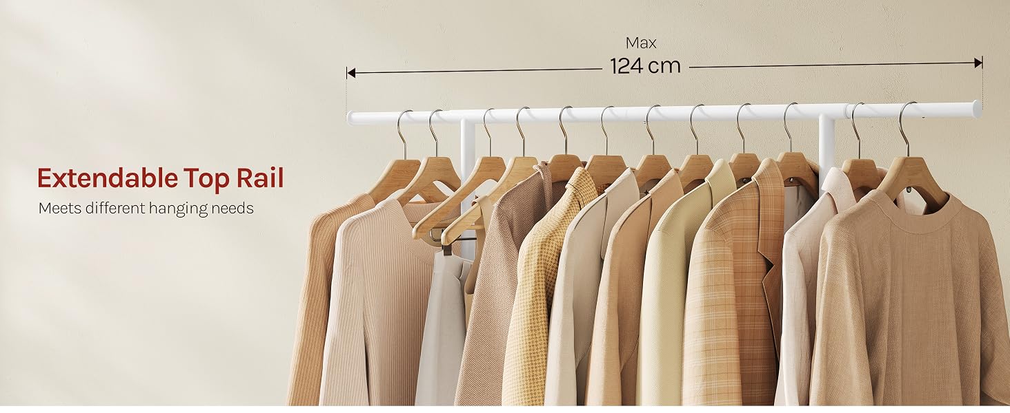 Text reads 'Extendable Top Rail' and '104 cm'. Wooden clothing rack with extendable horizontal rail holding multiple garments on hangers.