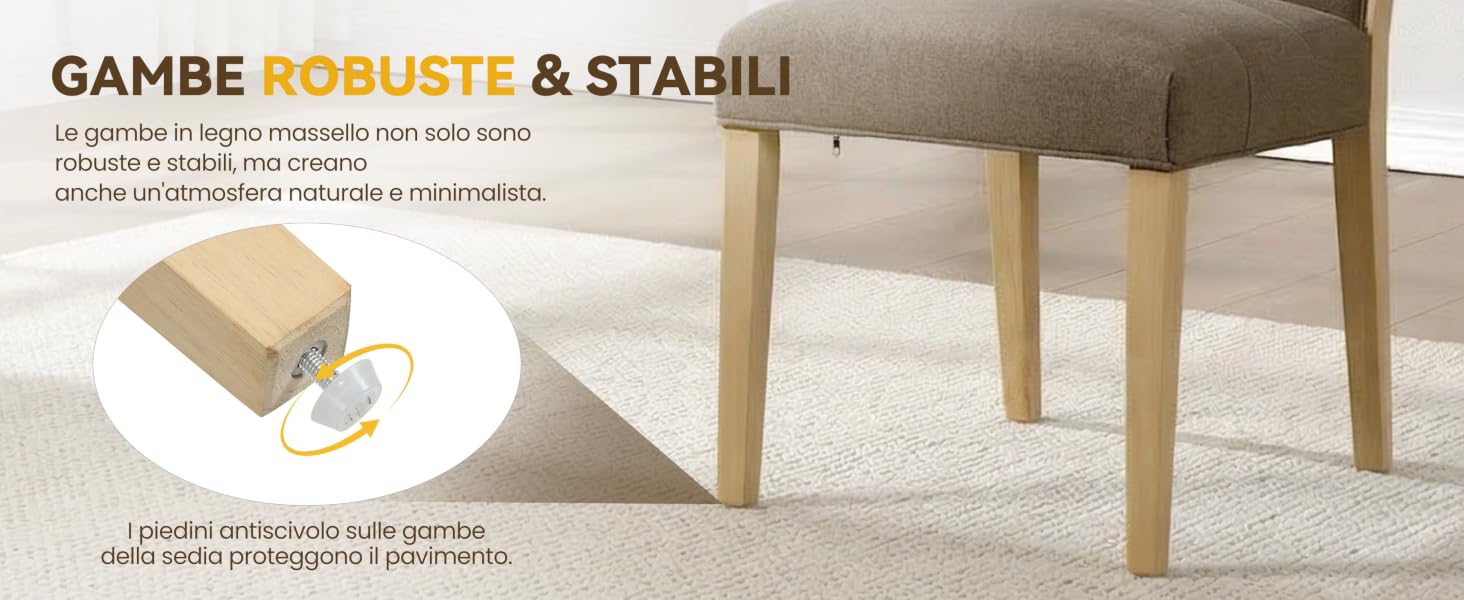 Il testo recita «GAMBE ROBUSTE &amp; STABILI». Scatti interni che mostrano gambe e pavimenti in legno di mobili in luce naturale.