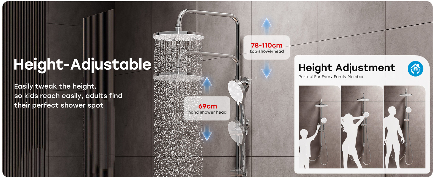 Text reads 'Height Adjustment'. Diagram showing installation and adjustment steps for a shower mount system with arrows indicating movement directions.