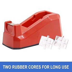 Red desktop tape dispenser with transparent tape roll and text indicating dual rubber cores for extended use.