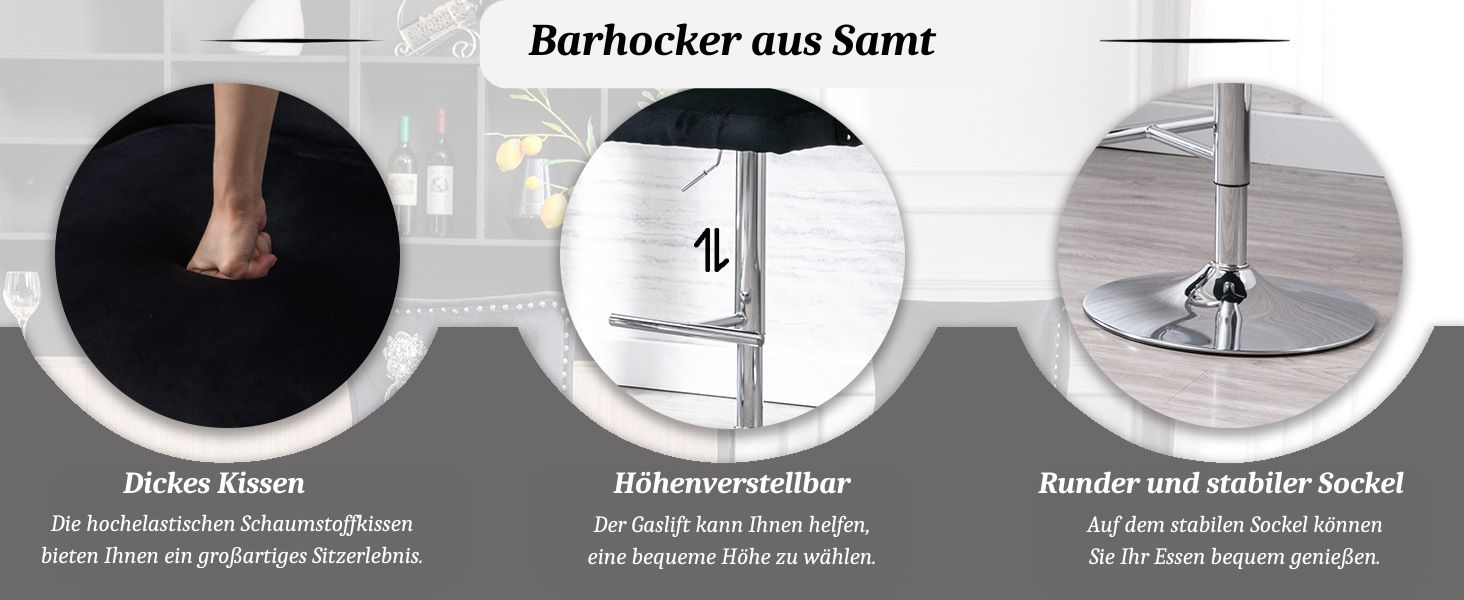 : dickes Samtkissen, höhenverstellbarer Chromstab und rundes, stabiles Gestell. Drei kreisförmige Bilder heben das Kissen, den verstellbaren Stiel und den stabilen Standfuß separat
