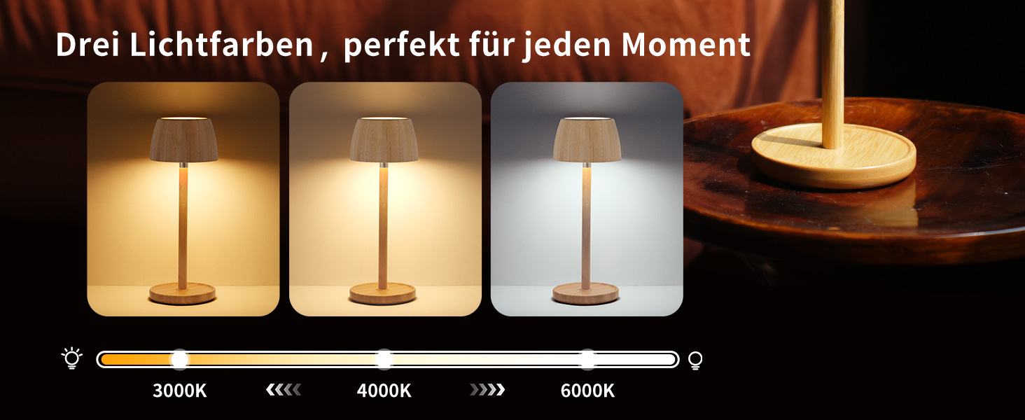 Der Text lautet „Drei Lichtfarben, perfekt für jeden Moment“. Serie von Lampenbildern, die unterschiedliche Lichttemperaturen von warm bis kaltweiß zeigen.