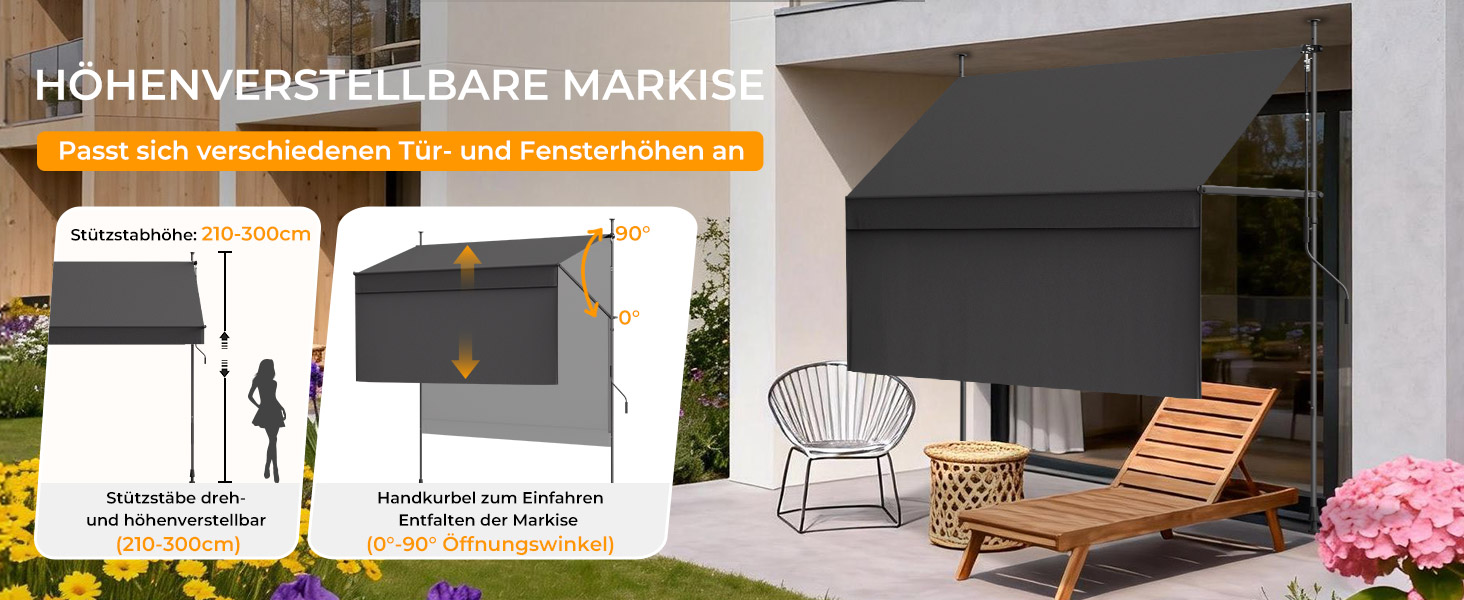 Der Text lautet „HÖHENVERSTELLBARE MARKISE“. Mehrere Produktdemonstrationsbilder zeigen ein verstellbares Markisensystem in Dunkelgrau, das an Außenwänden mit Garten- oder Terrasseneinstellungen montiert ist.