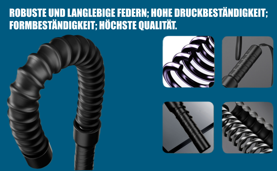 Der Text lautet: „ROBUSTE UND BESTÄNDIGE FEDERN: HOHE DRUCKBESTÄNDIGKEIT;
[SENTENCE 19] FORMBESTÄNDIGKEIT; HÖCHSTE QUALITÄT.“
[SENTENCE 20] Bild mit vier Feldern, auf dem schwarze spiralförmige Kabelschutzfedern zu sehen sind.