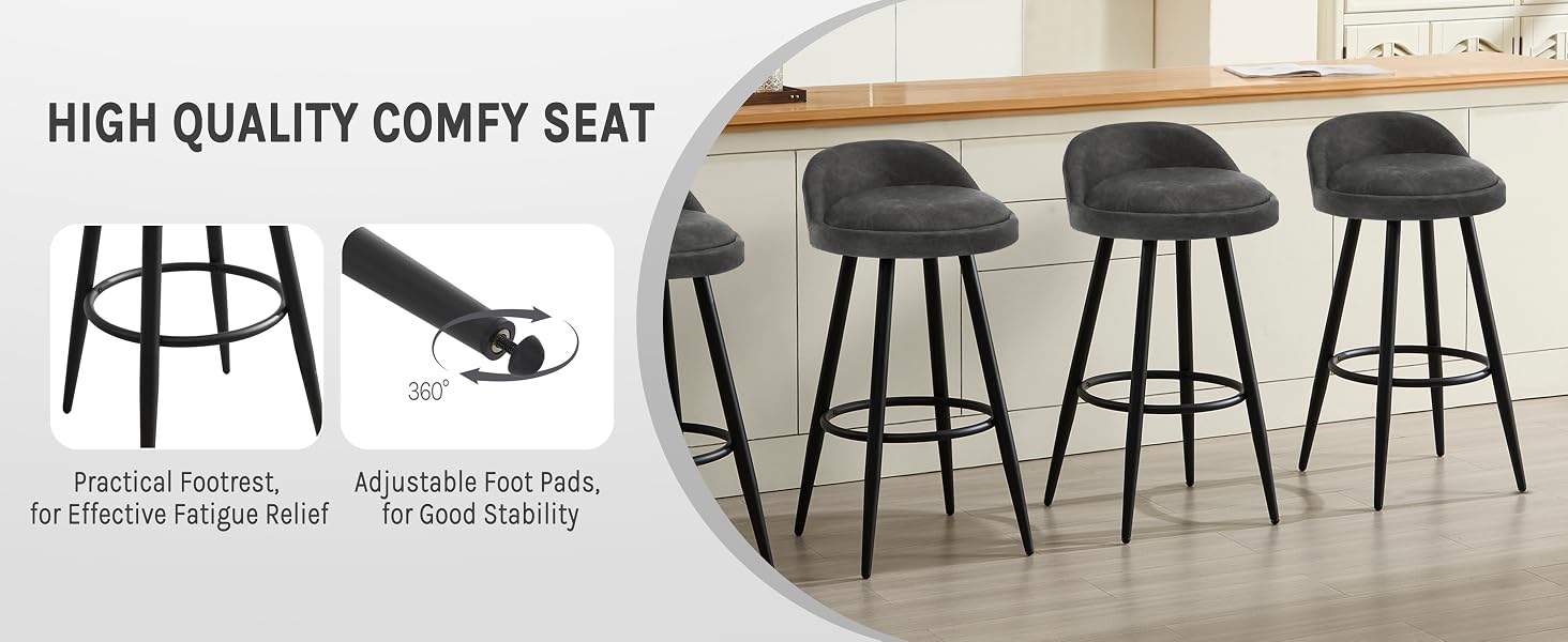 Set of three black bar stools with curved seats and metal legs. Features include high-quality comfy seat, adjustable foot pads, and a footrest for comfort and stability.