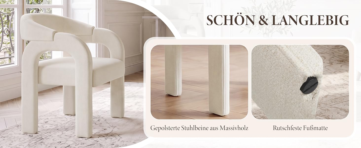 Der Text lautet „SCHÖN &amp; LÄNGERFRIG“. Weiße skulpturale Möbelstücke wie geschwungene Stühle und zylindrische Behälter vor hellem Hintergrund.