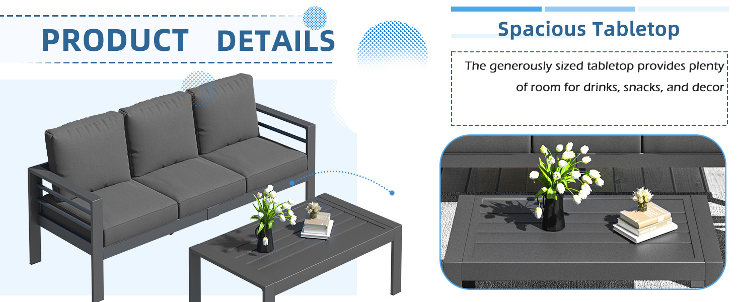 Text reads 'PRODUCT DETAILS' 'Spacious Tabletop'. Series of images showing gray convertible sofa bed in various positions from couch to bed configuration.