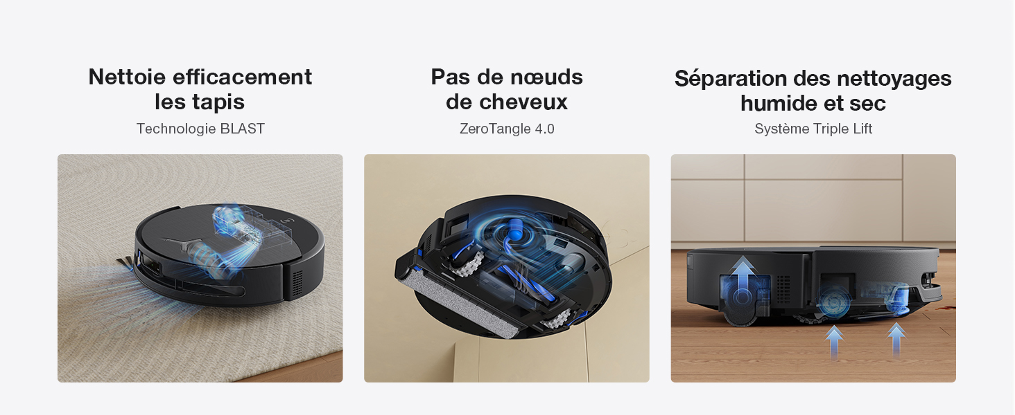Le texte se lit comme suit : « Nettoyez efficacement les fuites » « Prix de retour » « Séparation des nettoyages humide et sec ». Trois images montrant un aspirateur robot bleu foncé sous différents angles.