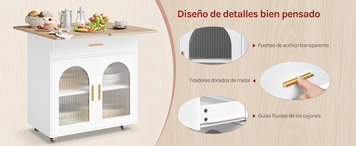 El texto dice «Diseño de detalles bien pensado». Jaula blanca para mascotas o hábitat para animales pequeños con detalles sobre los componentes y anotaciones que muestran varias características y especificaciones de diseño.