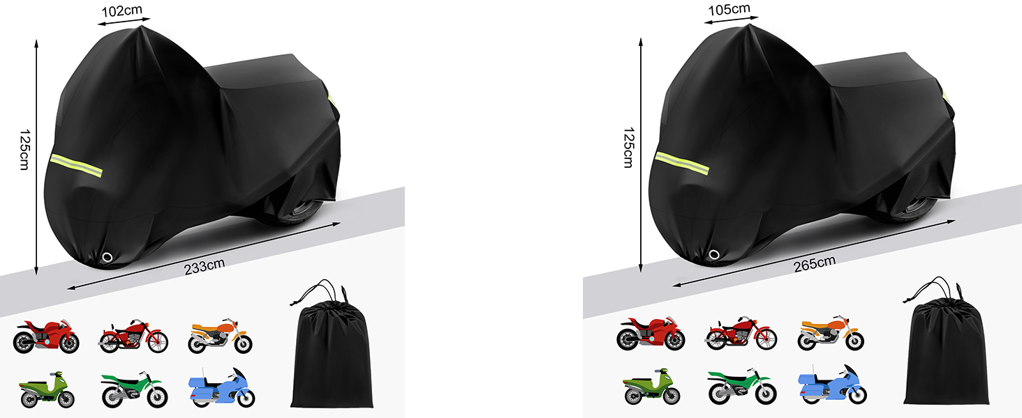 WOLTU Funda Moto de Tela Oxford 210D Cubierta para Moto Impermeable  Protección contra UV Viento y Lluvia con Agujeros de Candado Dobladillo  Elástico y Hebilla 245x105x125cm Negro