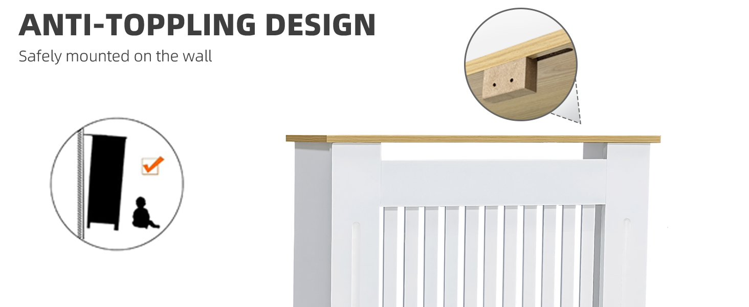 Il testo recita «DESIGN ANTIRIBALTAMENTO» e «Montato in sicurezza sulla parete». Mensola in legno montata a parete con staffa di sicurezza e dettagli in materiale antiribaltamento mostrati in un inserto circolare ingrandito, che dimostra un meccanismo di installazione sicuro per la sicurezza dei bambini.